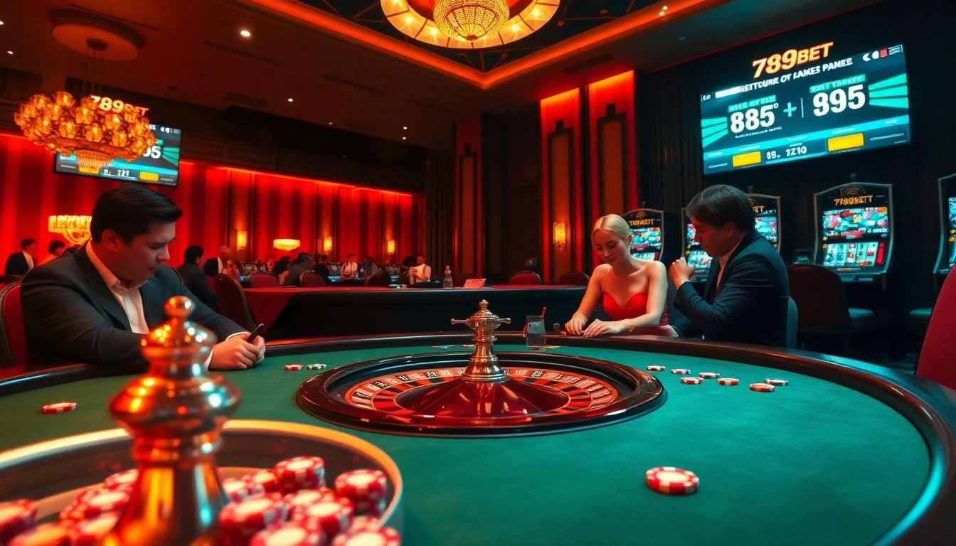 Experience the thrill of high-stakes gaming with 789BET’s vibrant casino atmosphere featuring luxurious poker tables and roulette wheels.