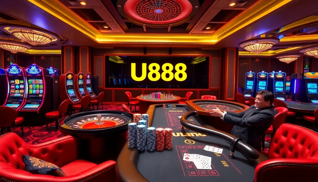 Experience U888 online gaming with a luxurious casino scene featuring roulette and slot machines.