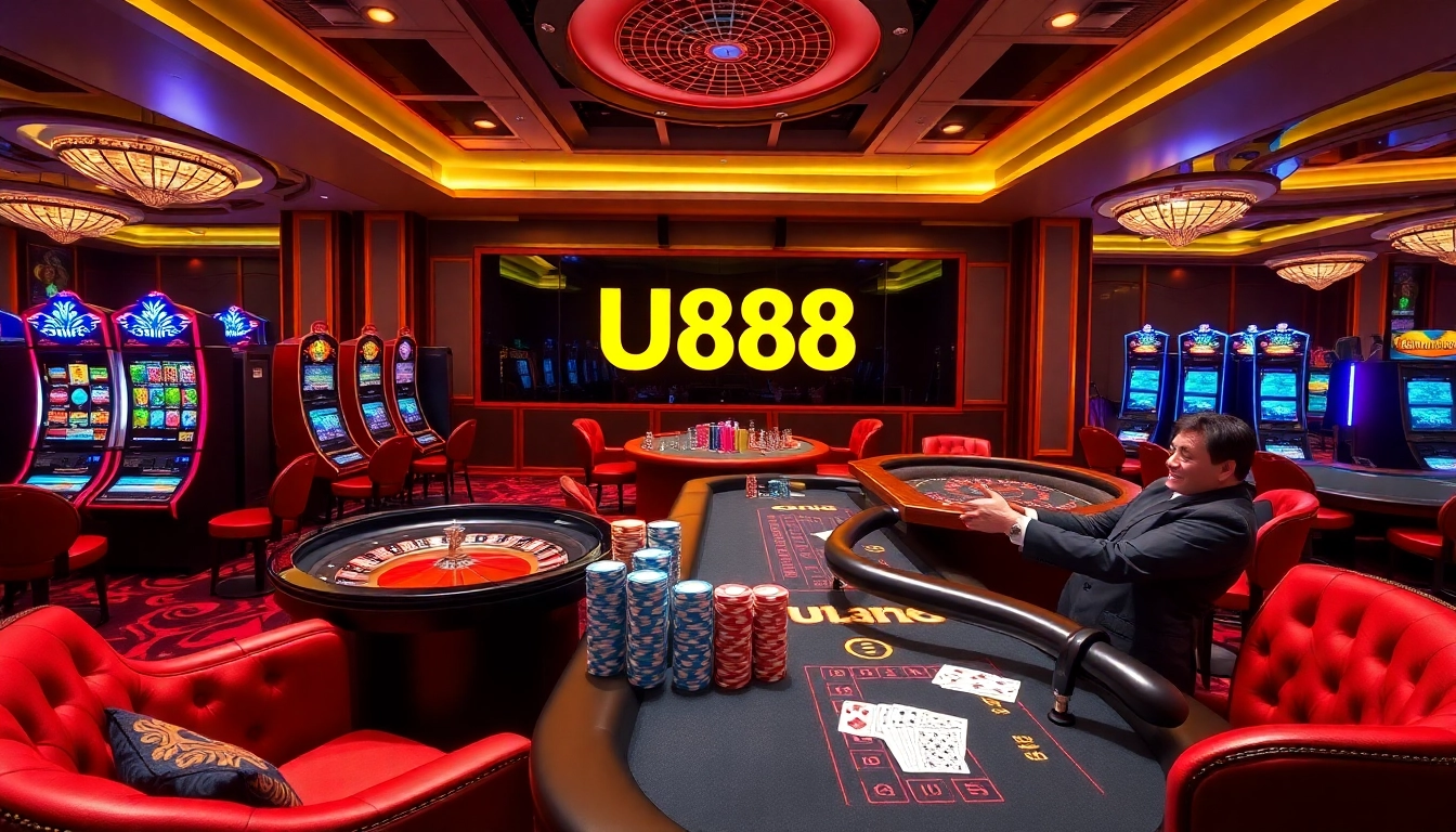 Experience U888 online gaming with a luxurious casino scene featuring roulette and slot machines.