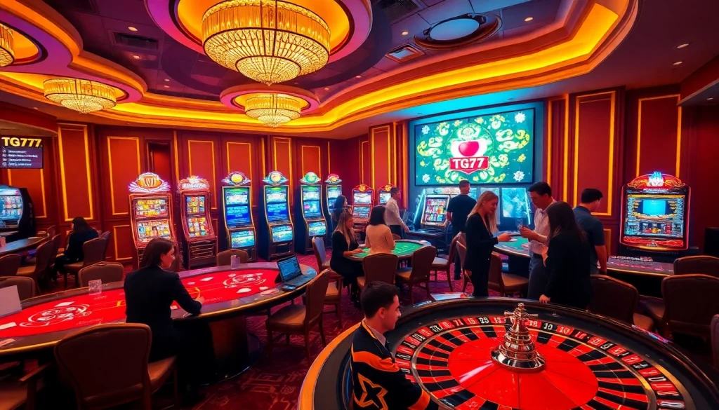 Players enjoying their bets at TG777 with vibrant tables and slot machines.