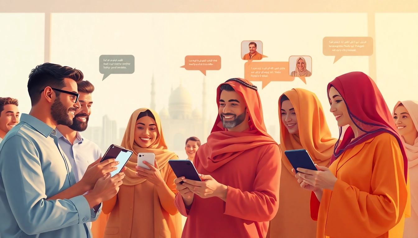 مشهد دردشة تفاعلي في شات الرياض مع مستخدمين متنوعين يتواصلون عبر أجهزة محمولة.