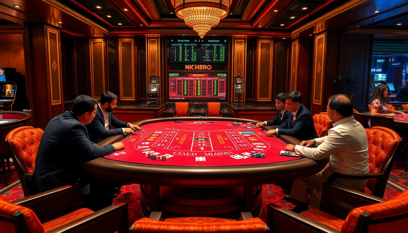 Experience the thrill of nk88 vip with players at an elegant blackjack table in a luxurious casino setting.