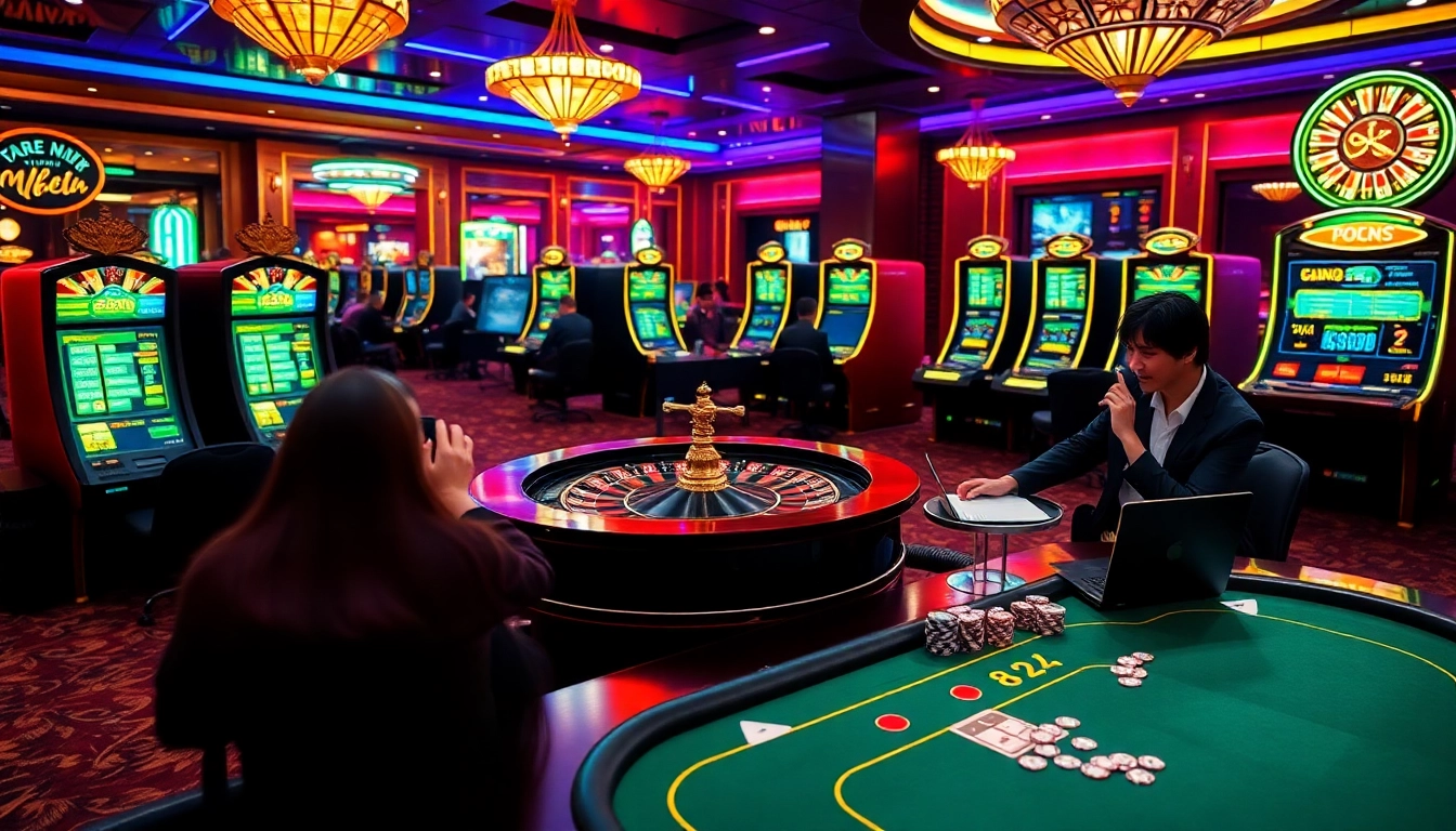 The lively atmosphere of online gaming at https://ek333pro.com/, featuring roulette, poker, and slot machines with players engaged.