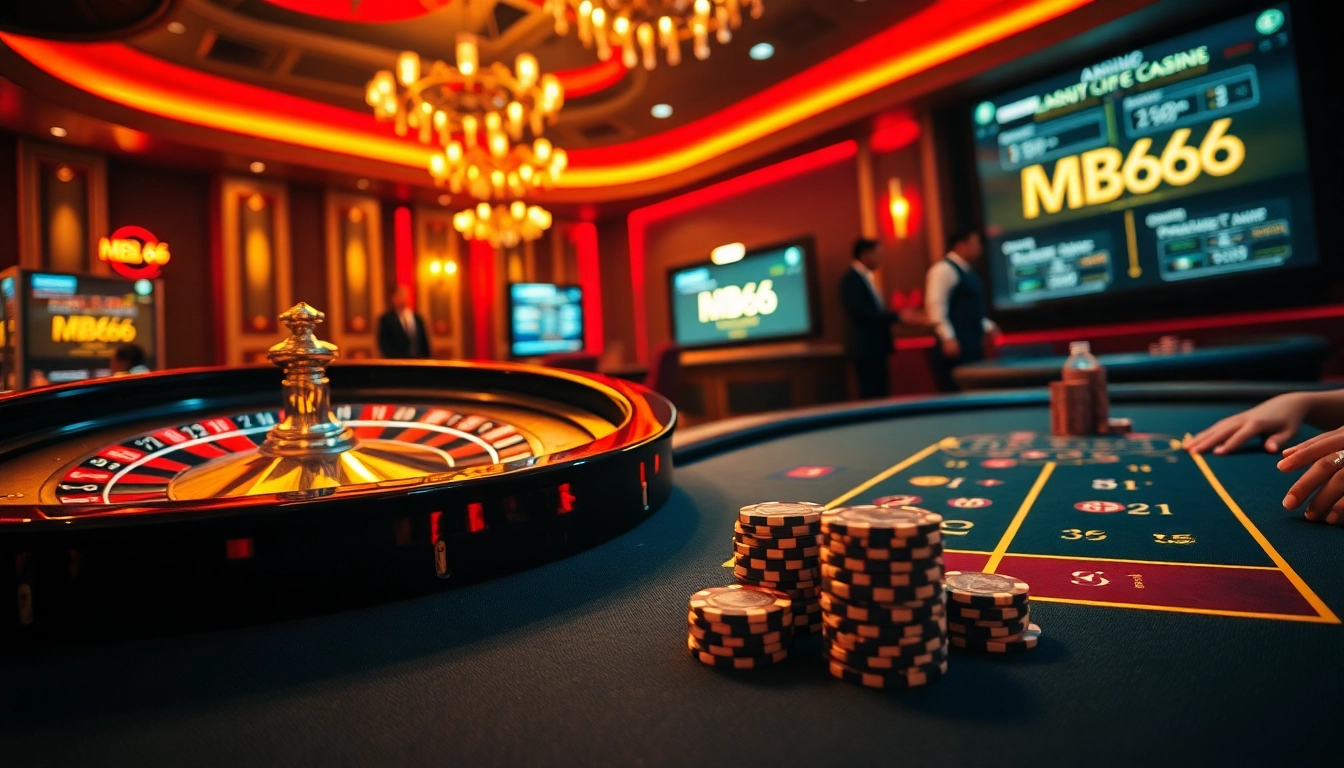 Gamblers enjoy the thrill of betting at MB66 casino, featuring poker tables and roulette wheels.
