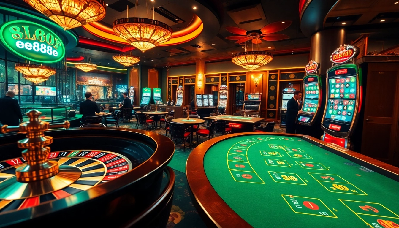 Visitors enjoying a thrilling casino experience with ee88e slot machines and vibrant poker tables.
