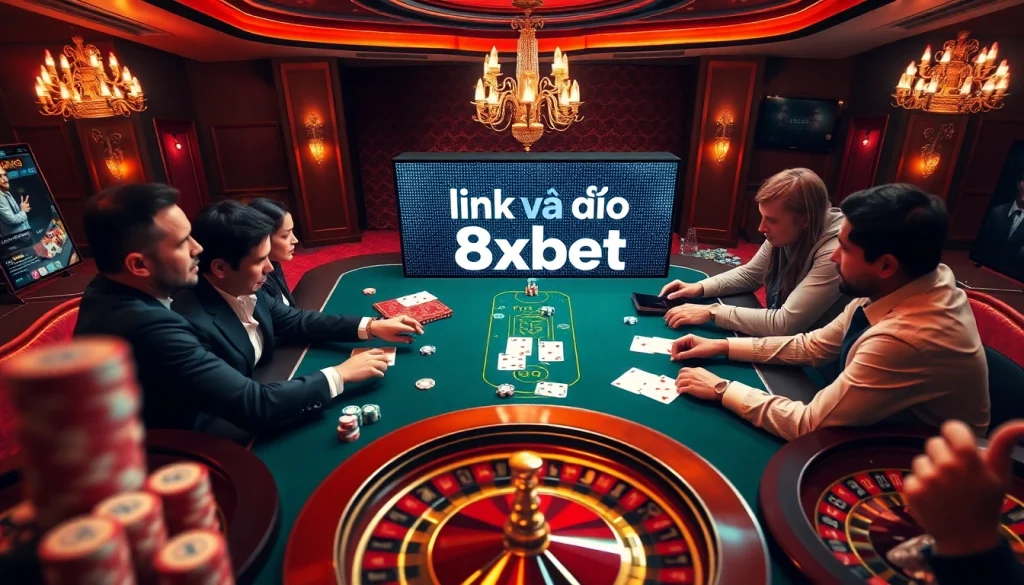 Engaging players at the casino table with "link vào 8xbet" displayed, showcasing excitement in gambling.