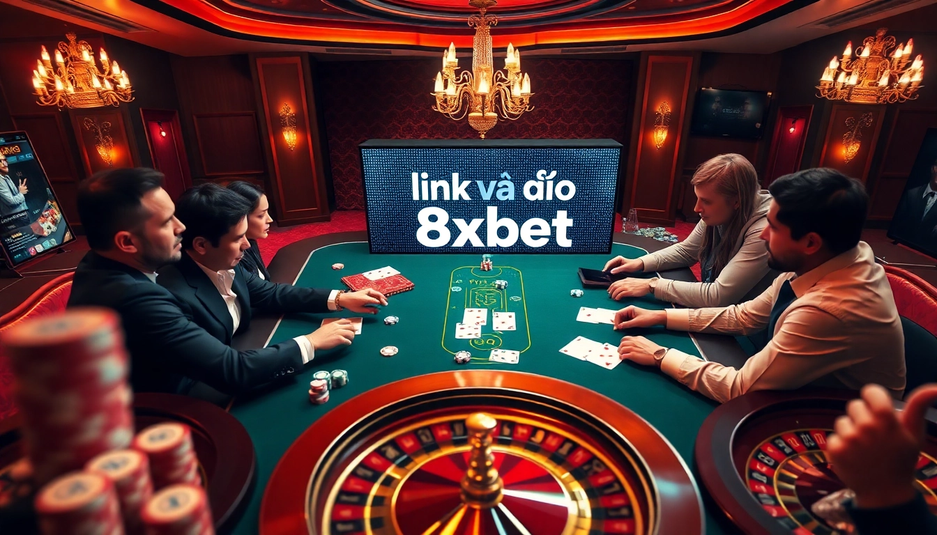 Engaging players at the casino table with "link vào 8xbet" displayed, showcasing excitement in gambling.