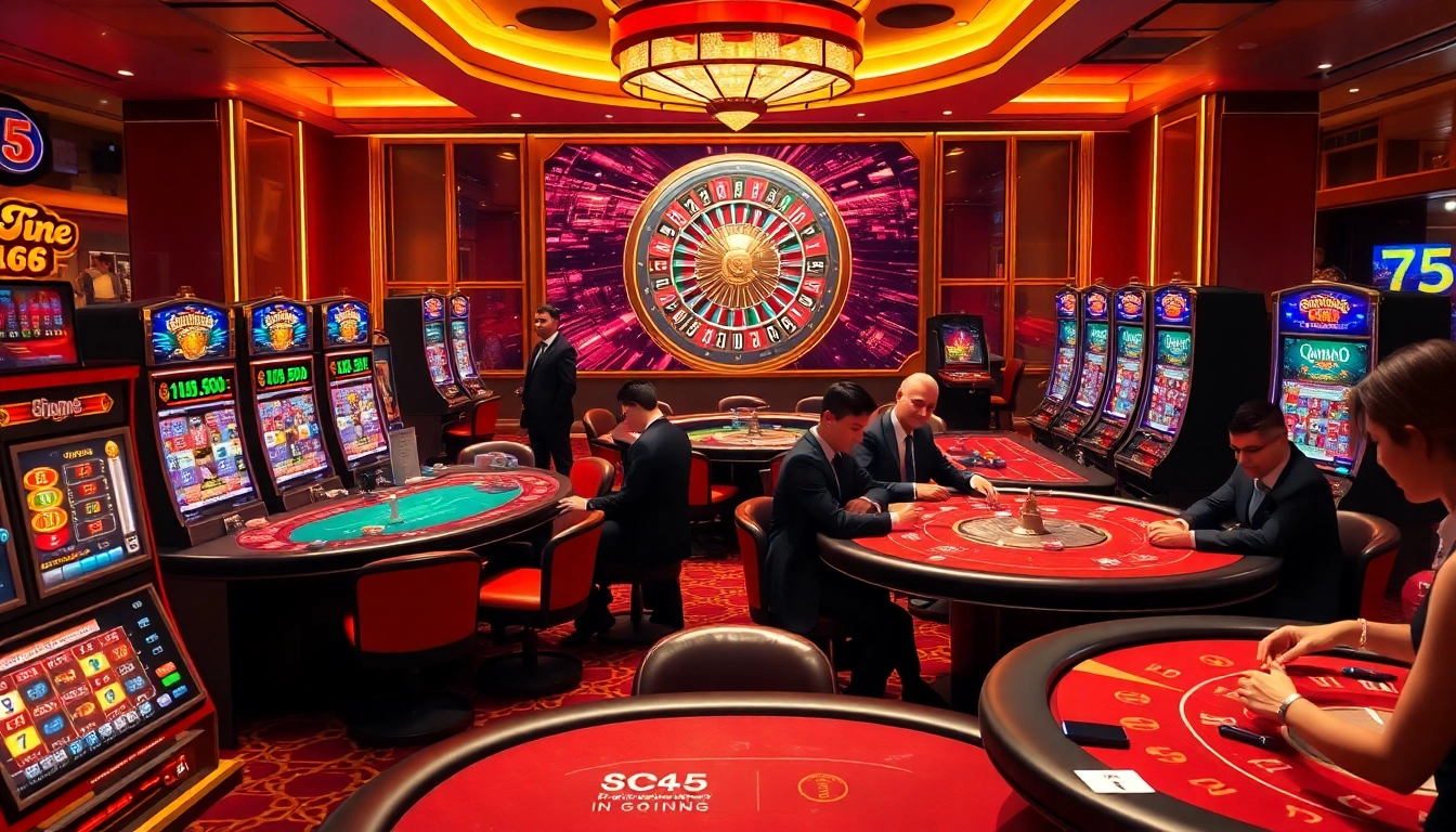 Engaging gambling scene with casino tables, poker players, and vibrant slots at https://kk55.fit/ highlighting excitement.