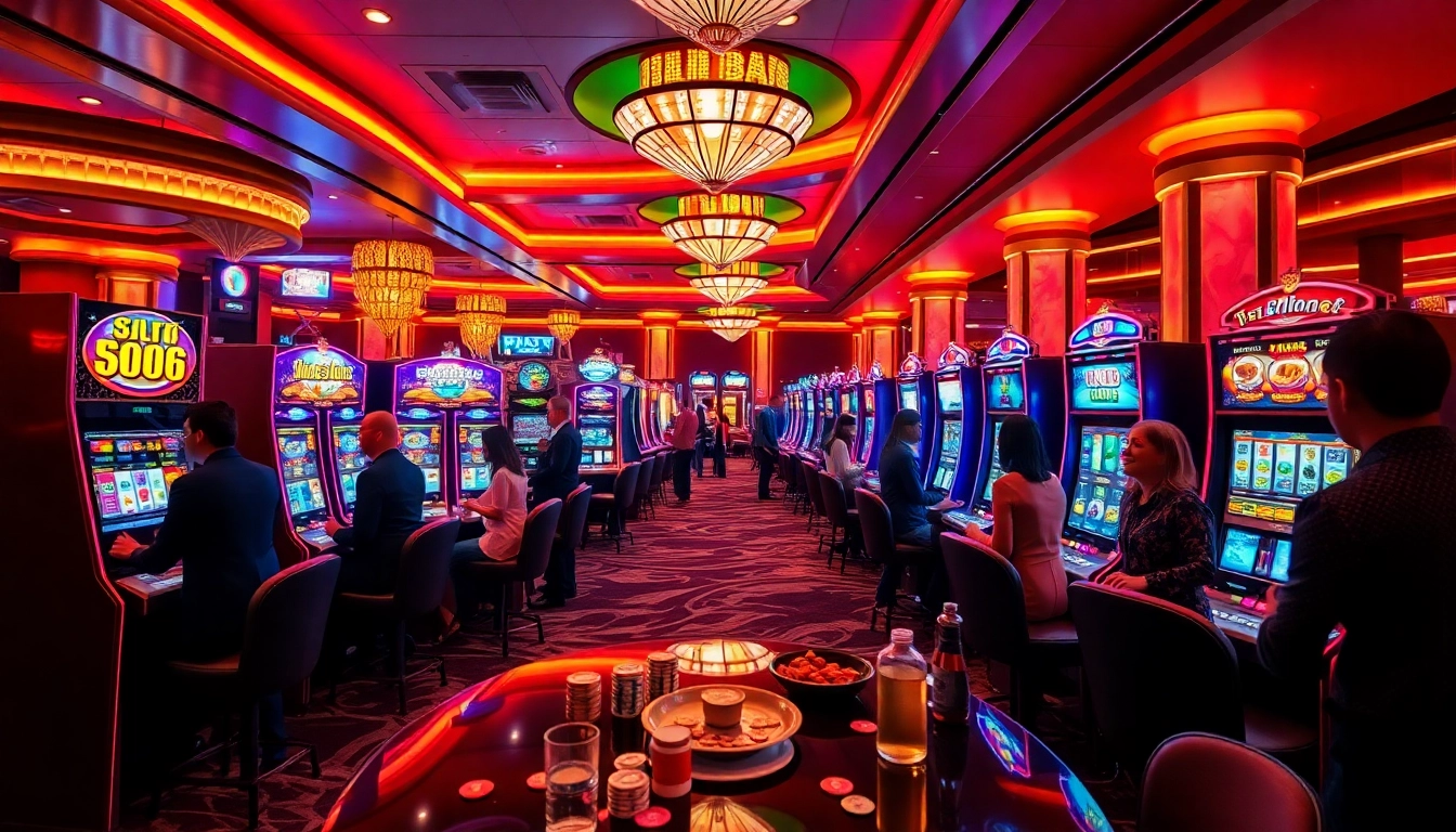 Players enjoying the thrilling slot88 machines at a vibrant casino, showcasing excitement and luxury.