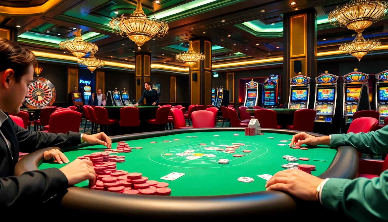 Players engaging in a thrilling poker game at F168's luxurious casino tables.