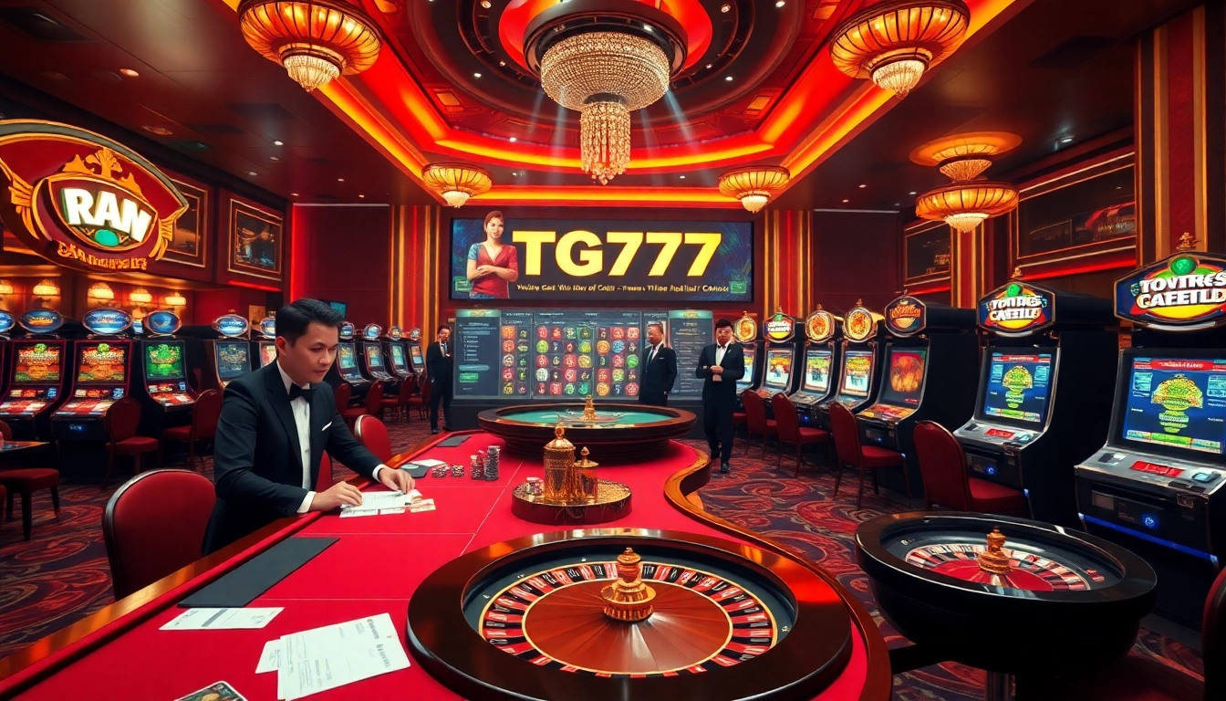 Experience thrilling gaming at TG777's vibrant online casino with poker chips and slot machines.