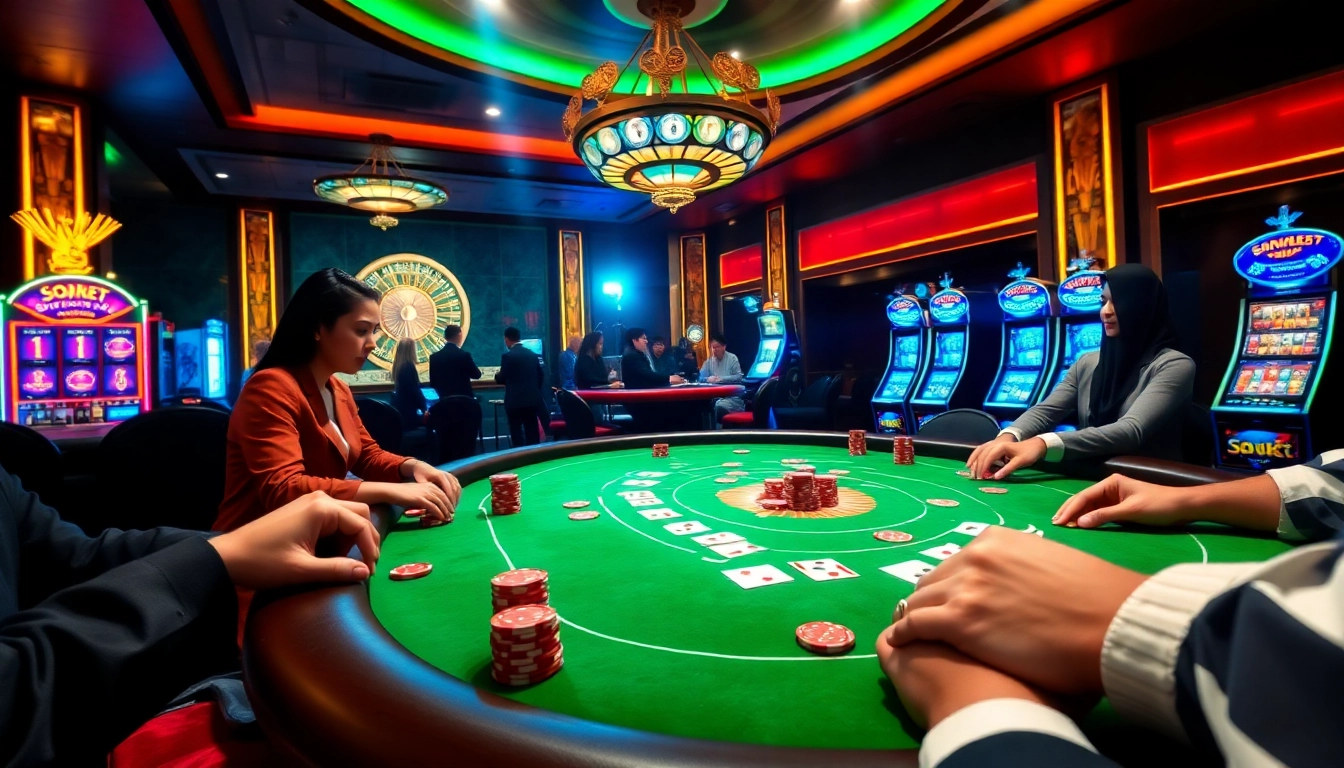 Synthesize sbobet sports betting excitement at a luxury casino poker table with vibrant chips and cards.
