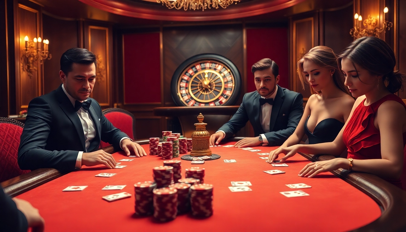 Players strategizing at a poker table in a luxurious casino setting, reflecting the thrill of rikvip gaming.