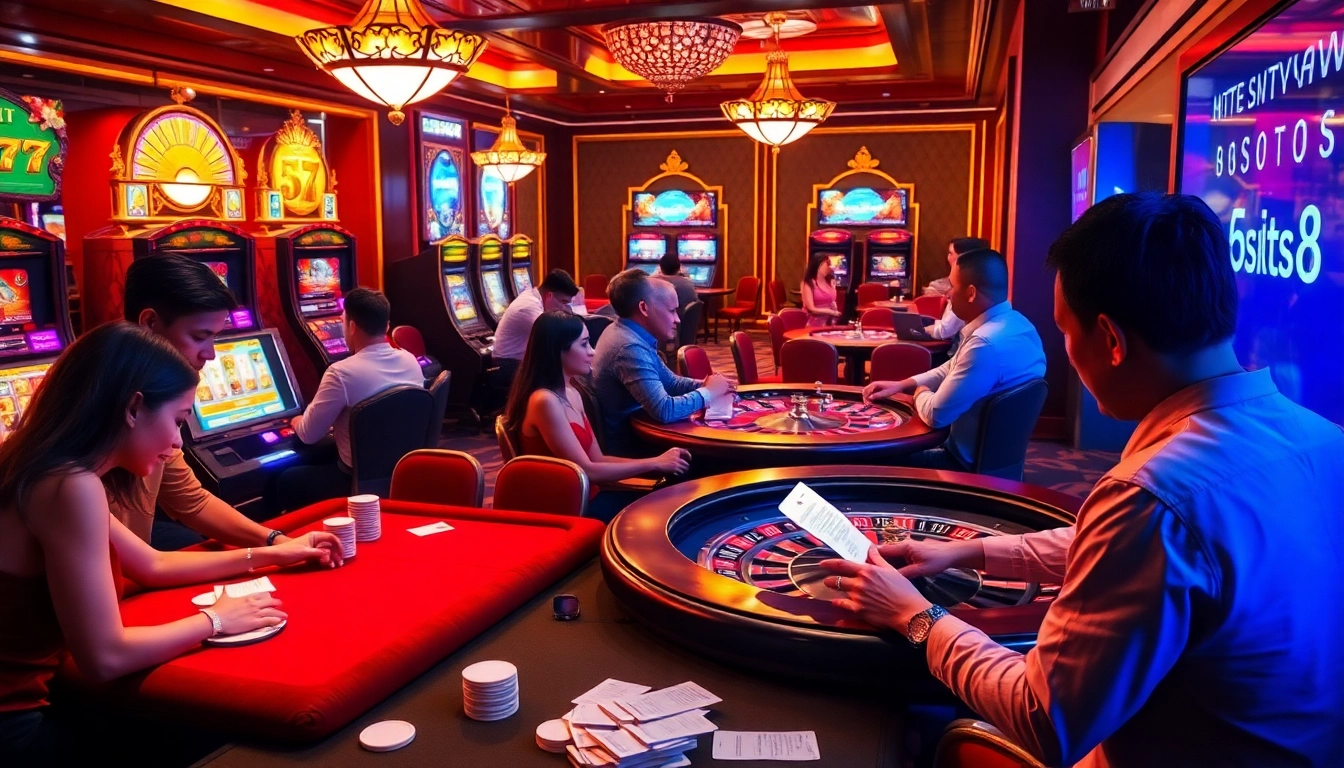 Experience the thrill of winning at https://www.6slots8.com/ with vibrant casino scenes of players at slot machines.