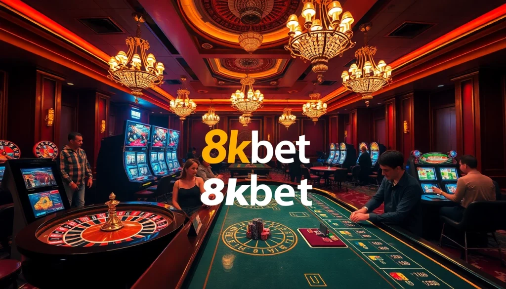 Gambling enthusiasts enjoying various games at a luxurious casino environment representing 8kbet.