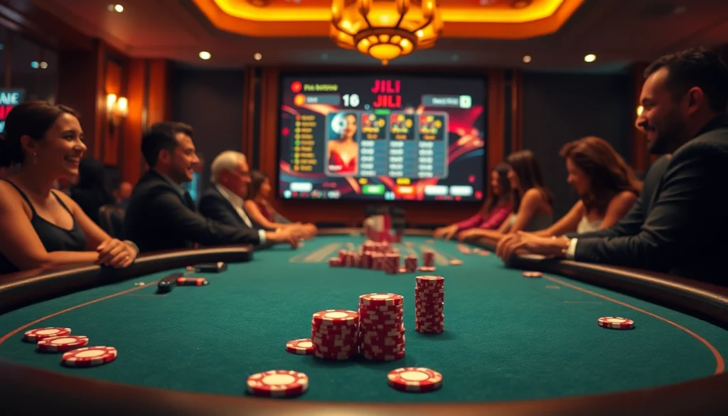 JILI gaming table showcasing exciting gameplay with vibrant poker chips and luxurious ambiance.