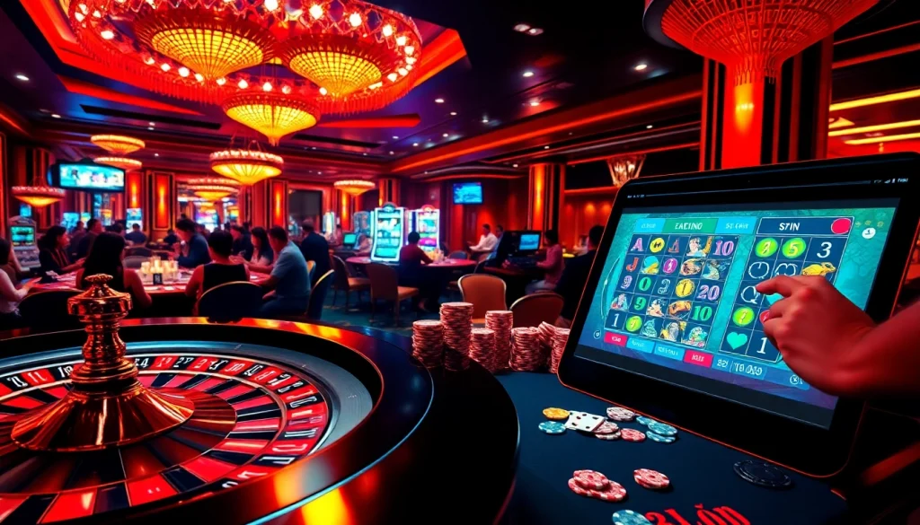 Experience the excitement of gambling at liên minh okwin, featuring vibrant slot machines and roulette tables.