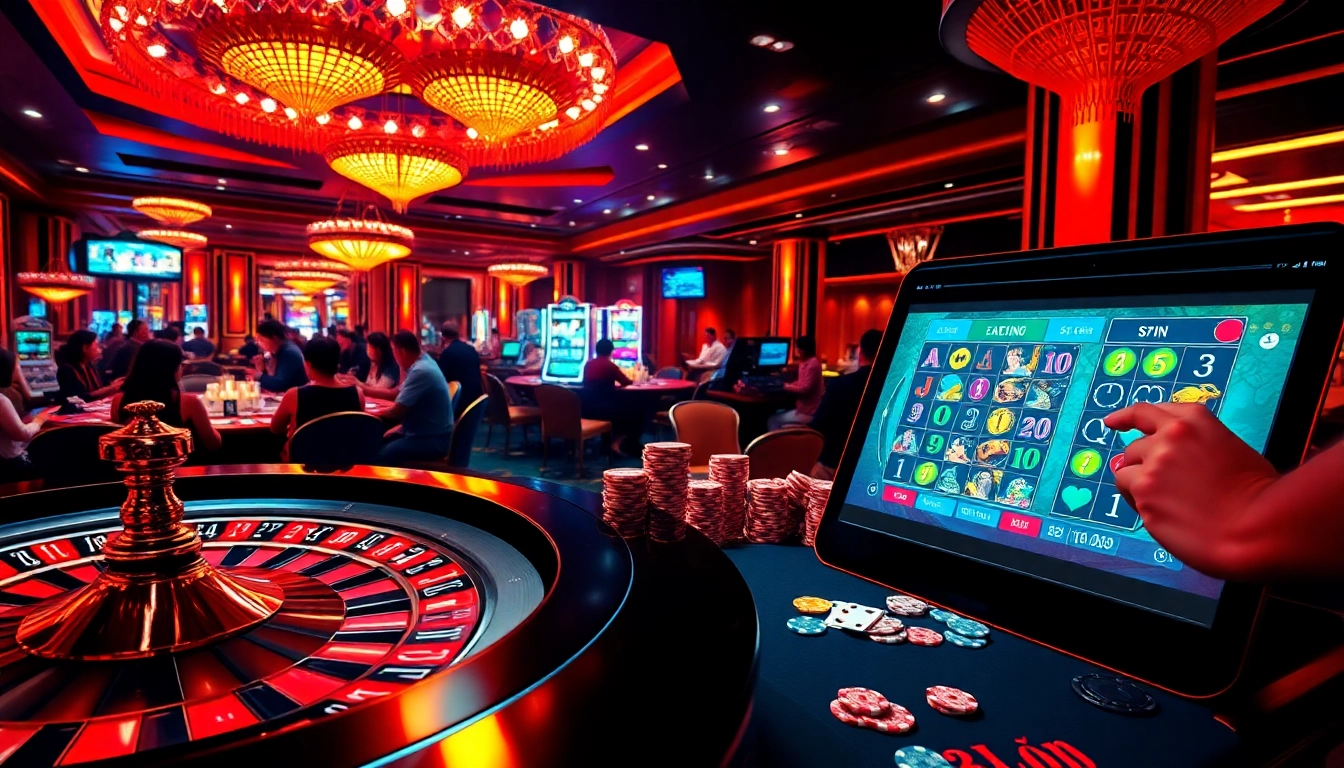 Experience the excitement of gambling at liên minh okwin, featuring vibrant slot machines and roulette tables.