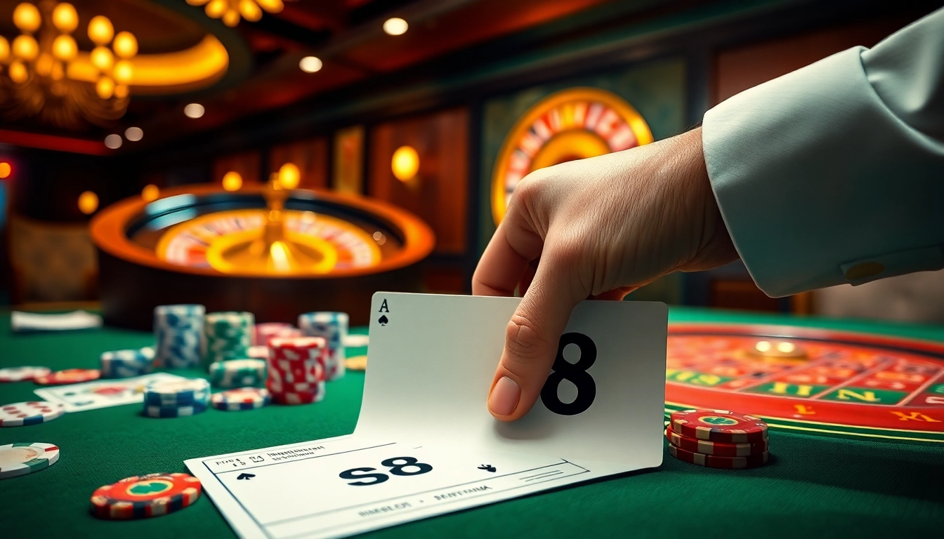s8 player strategizing at a glamorous casino table with poker chips and cards.