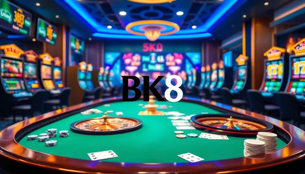 Experience exciting online gaming with BK8 at a vibrant casino table featuring cards and chips.