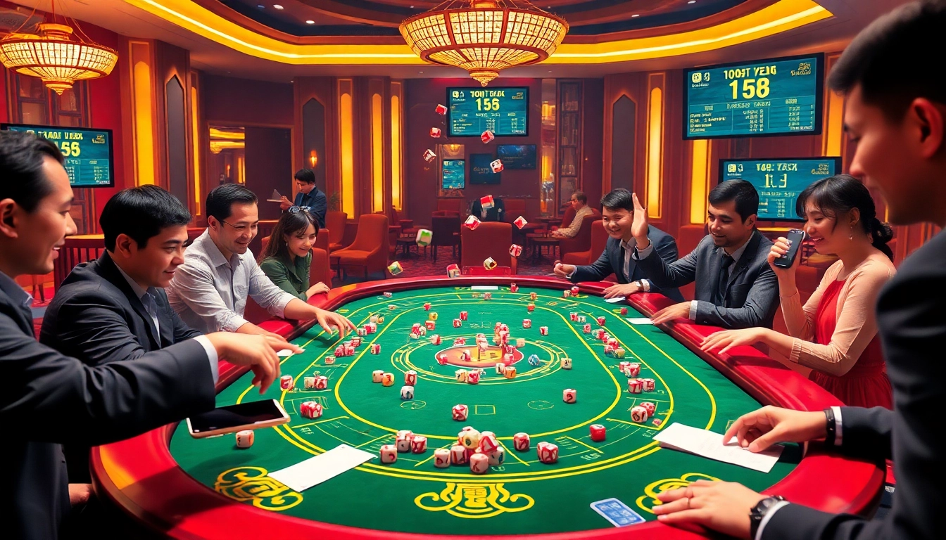 Tai Xiu gaming excitement as players engage with colorful dice and betting slips at a casino.