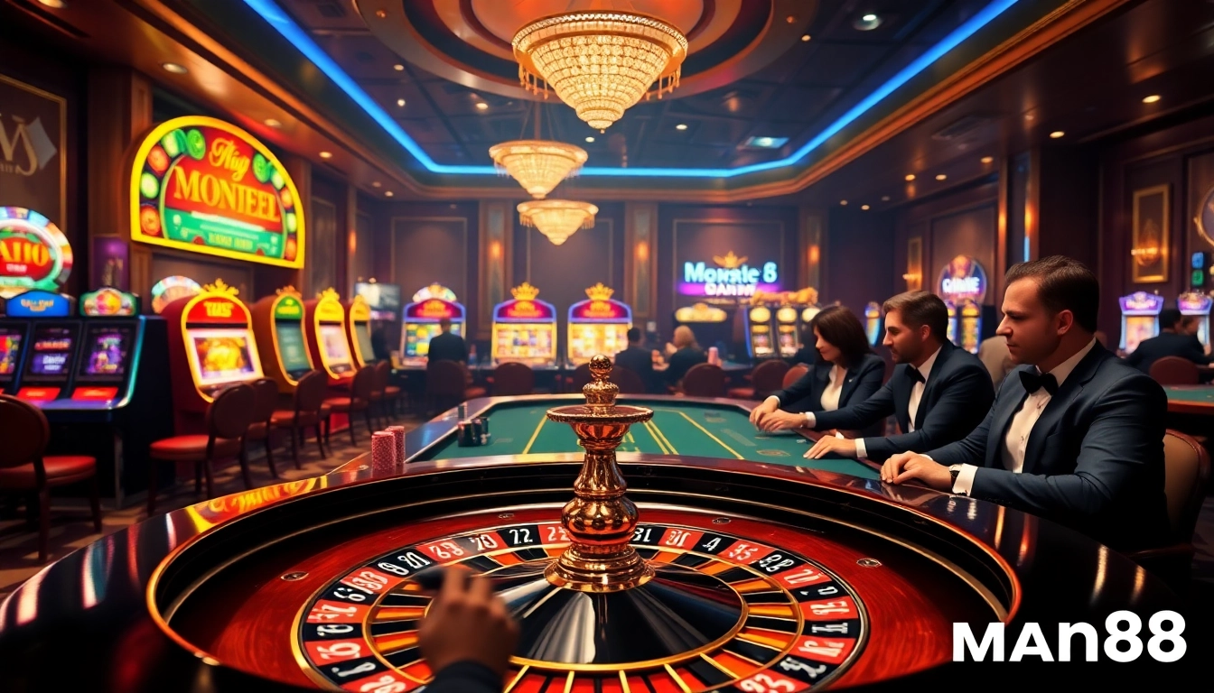 Players enjoying a thrilling casino experience at Man88, engaging with roulette and slot machines.
