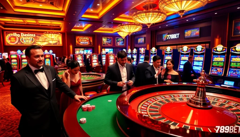Experience the thrilling atmosphere of 789BET casino gaming with elegant roulette and vibrant slot machines.