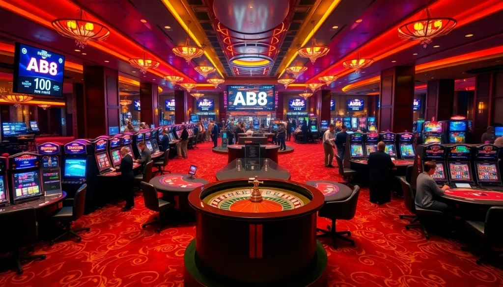 Experience the excitement of ABC8 with engaging gaming options, including a roulette wheel and poker tables.