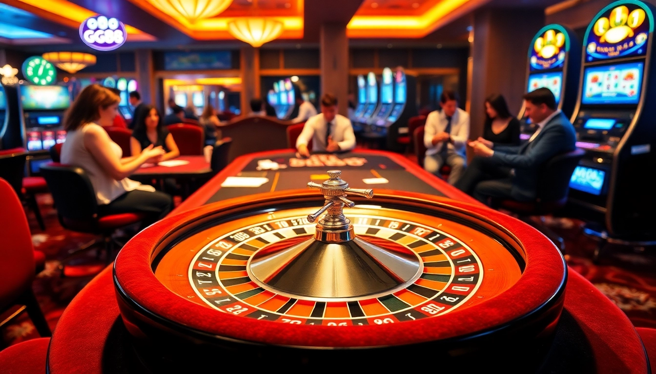 Experience the thrill of gaming with GG88 Com at an upscale casino scene featuring roulette and poker.