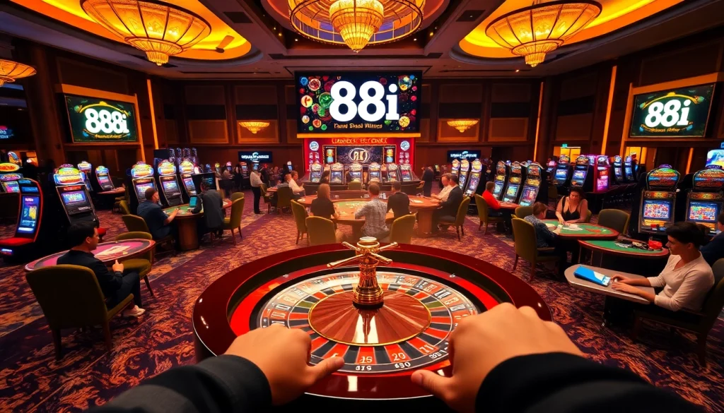 Players enjoying various games at 88i casino with vibrant tables and colorful slot machines.