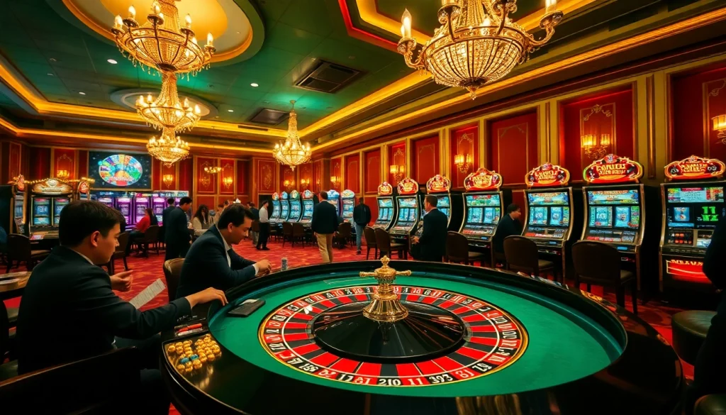 Players enjoying a luxurious casino experience at http://228kbet.net/, with an elegant roulette table and vibrant slot machines.
