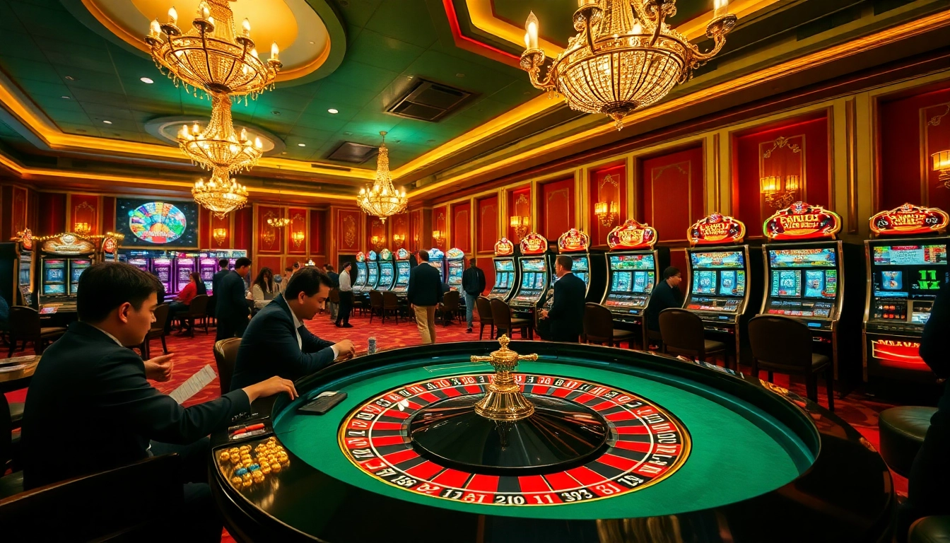 Players enjoying a luxurious casino experience at http://228kbet.net/, with an elegant roulette table and vibrant slot machines.