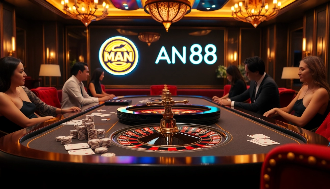 Man88 logo illuminating a bustling casino scene with excited players at a roulette table.