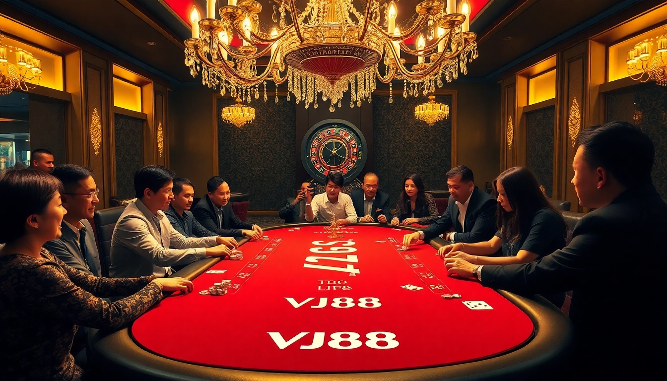 VJ88 casino excitement with gamblers at a vibrant poker table in a luxurious setting.