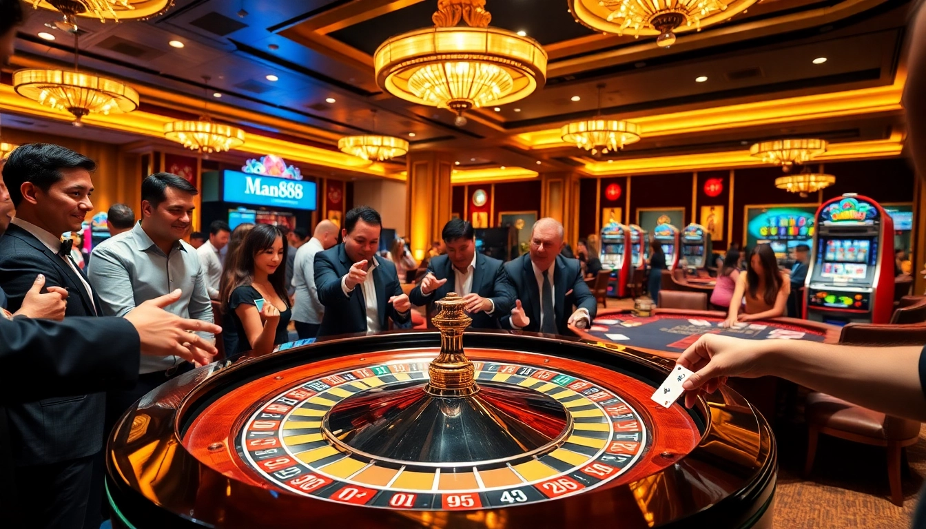 Man88 offers an exciting casino scene with players engaged at a roulette table.
