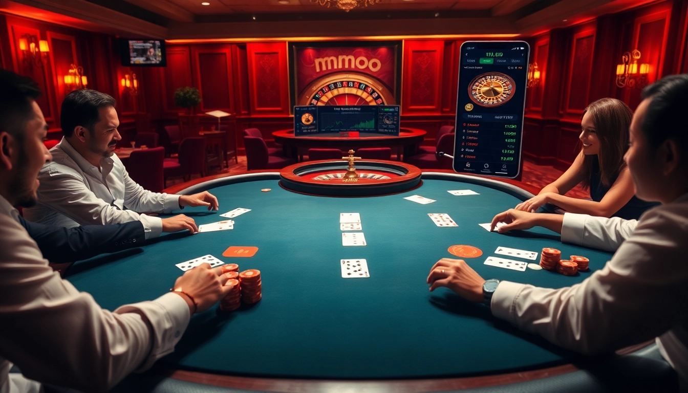 Players experiencing the mmoo app in an exciting casino setting with poker chips and cards.