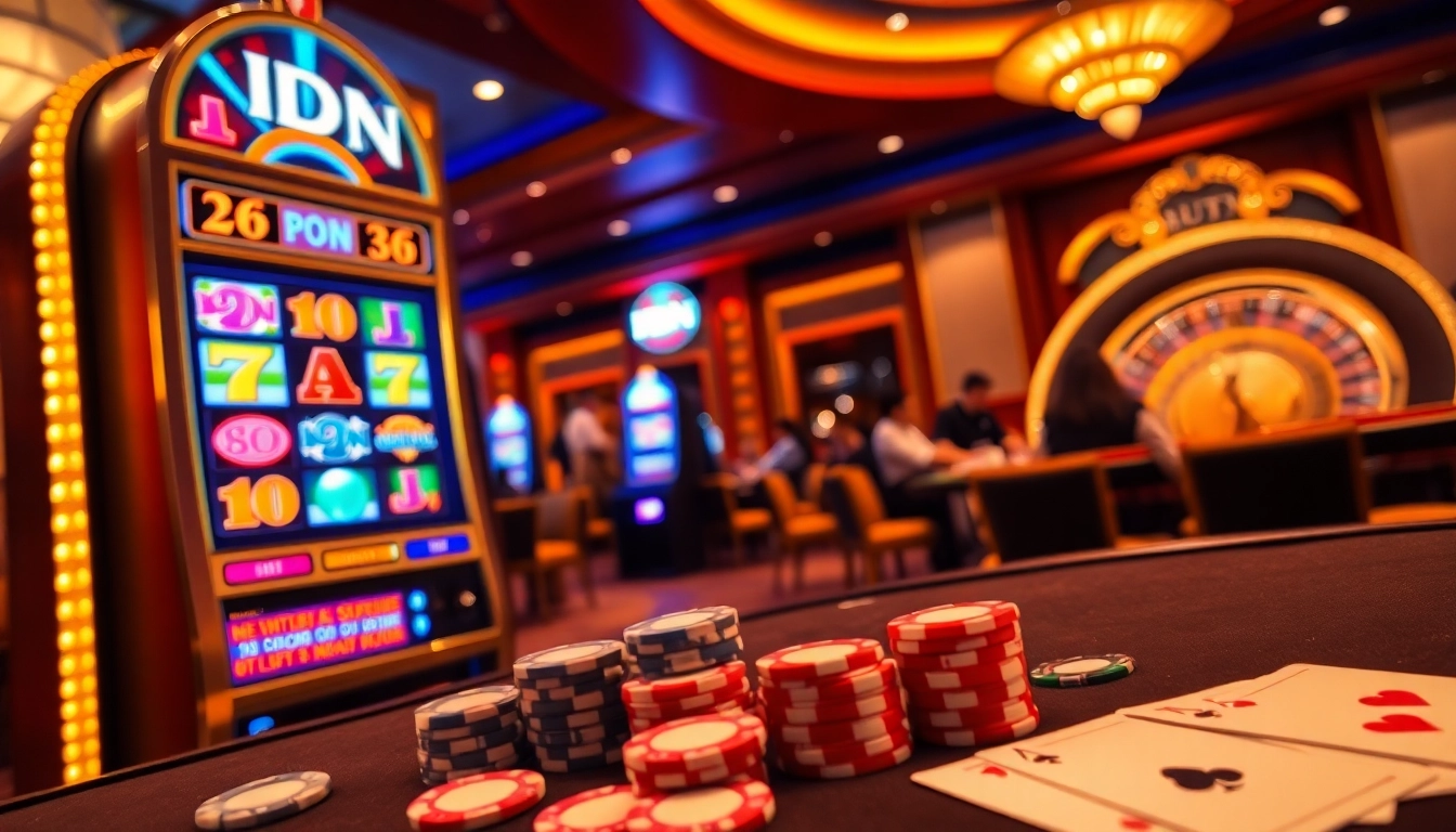 Play exciting IDN slot games in a luxurious casino setting with colorful machines and cards.