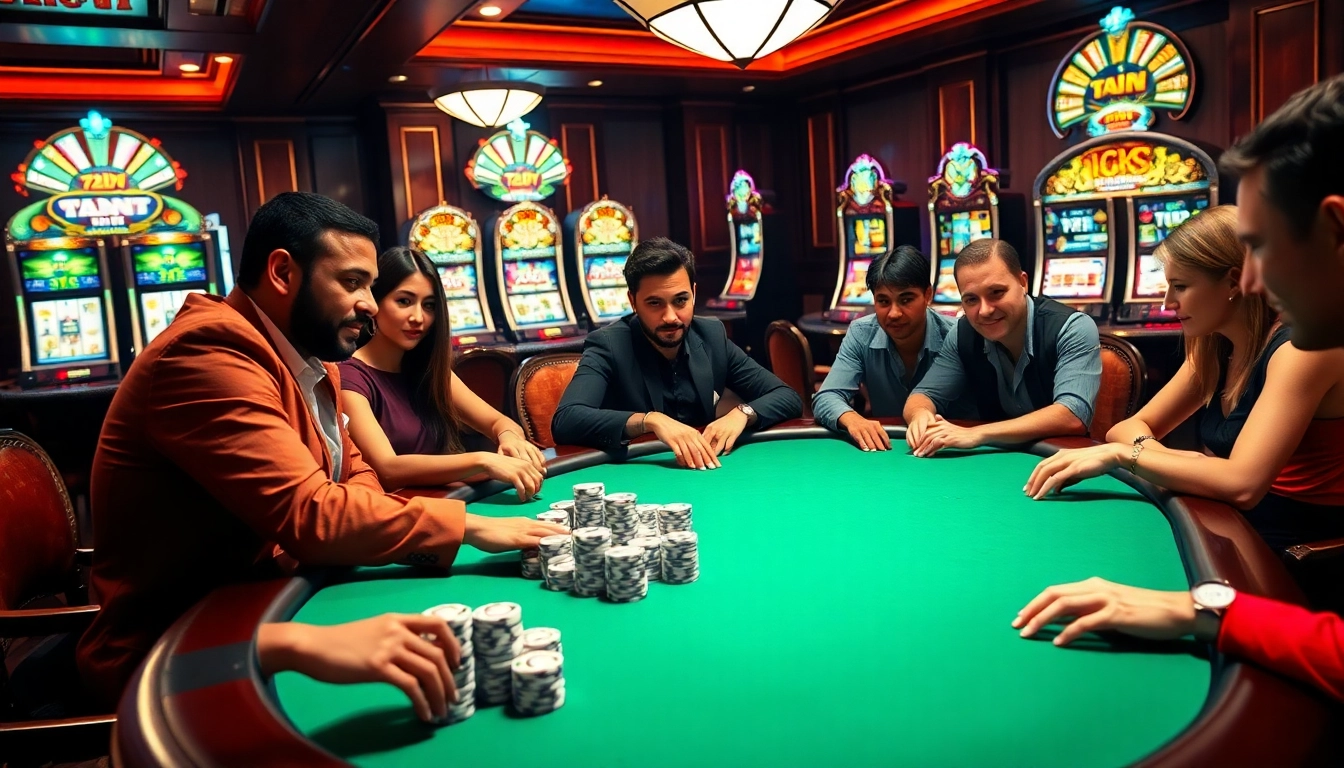 Players enjoying a high-stakes game of 7xl poker in a luxurious casino environment with vibrant lighting.