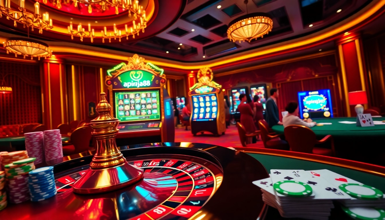 Excited players engaging at a casino table featuring the logo apiraja88, vibrant poker chips, and winning moments.