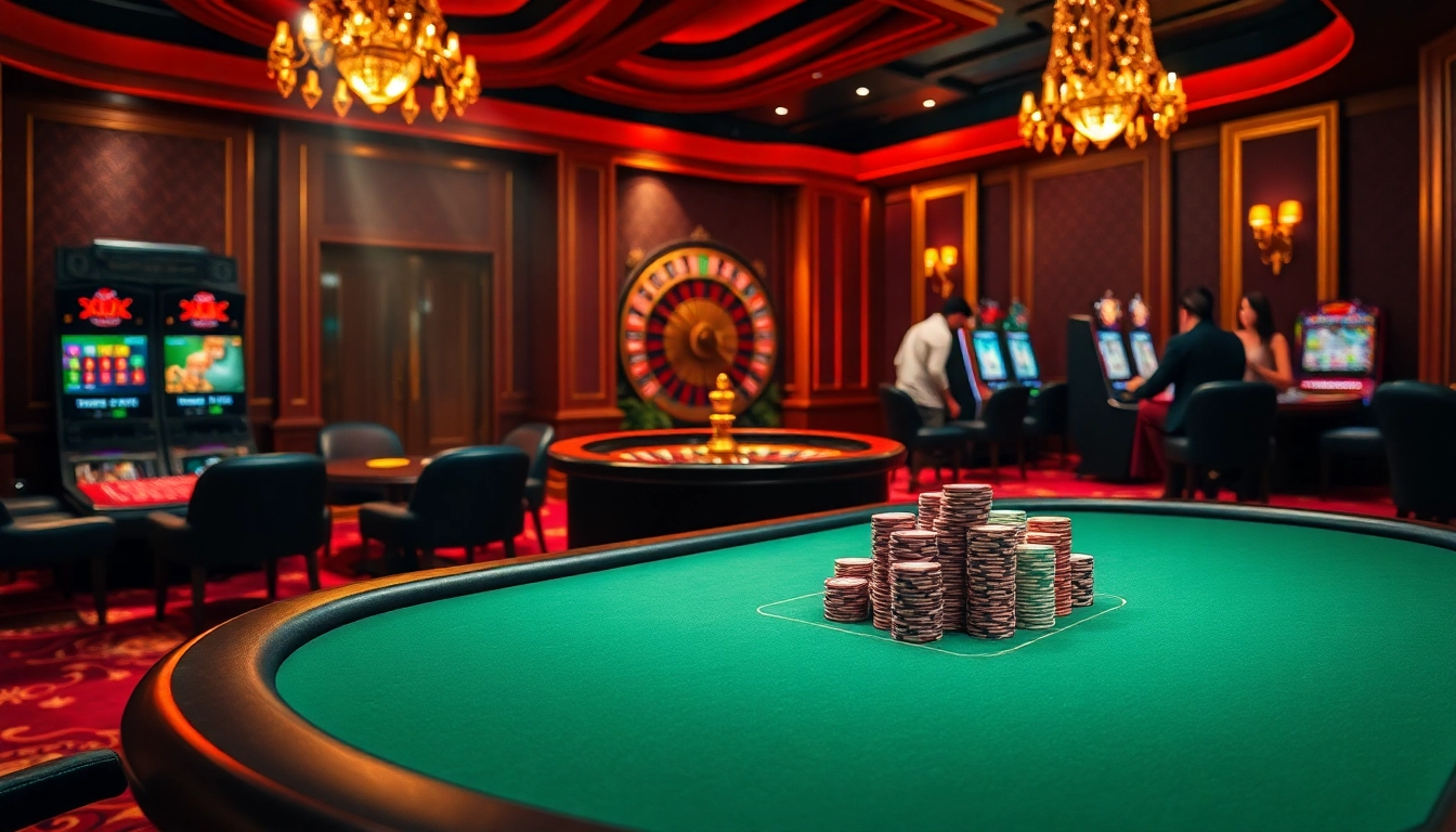 שחקנים נהנים ממשחקים מרתקים בקזינו יוקרתי, המדגישים את ההתרגשות של הימורי סכומי ההימור.