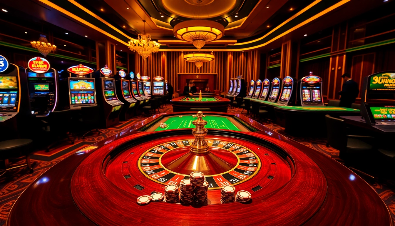 Experience thrilling gameplay with uu88 online at an elegant casino, featuring roulette, poker tables, and vibrant slot machines.