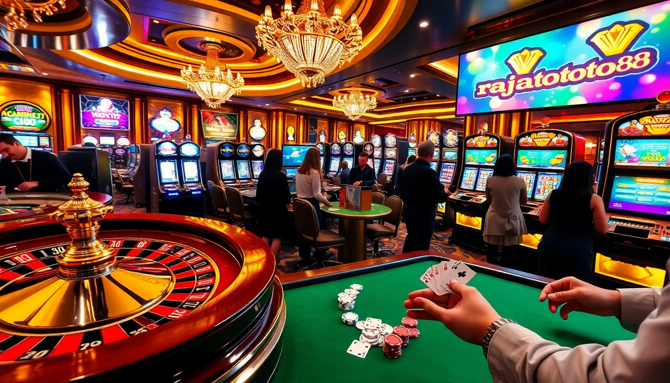 Players enjoying thrilling casino games at rajatoto88, with colorful slot machines and a roulette wheel in action.