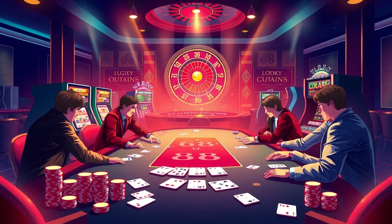 Competitive players at a stylish poker table embrace the thrill of 'go 88' in a vibrant casino setting.