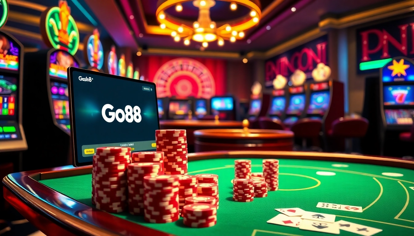 Engaging Go88 experience with vibrant casino tables, roulette wheel, and poker chips.
