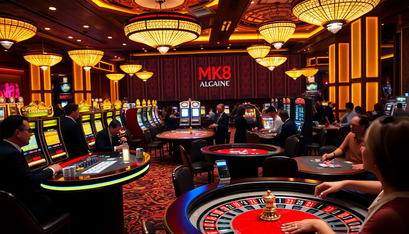 Experience the excitement of MK8 in a luxurious casino setting filled with vibrant gaming tables and slot machines.