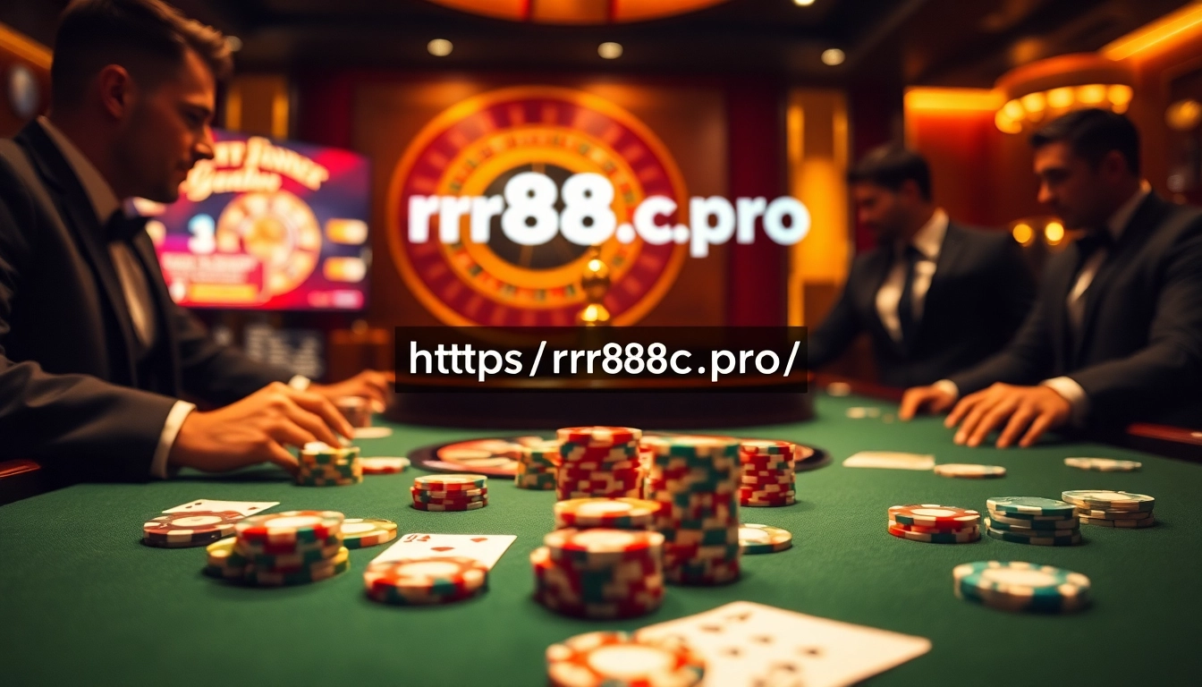 Engage in thrilling poker gameplay at https://rr88c.pro/ with luxurious chips and cards on a gaming table.
