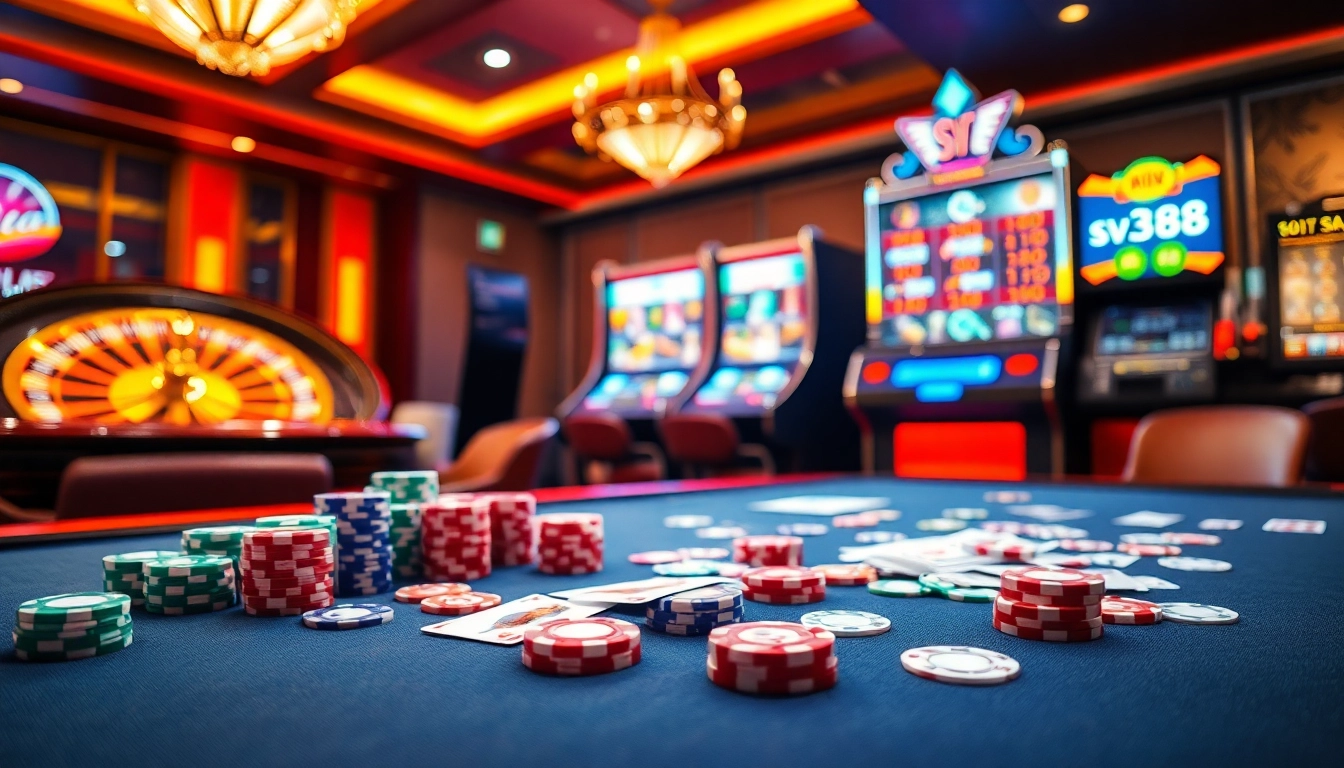 Gambling scene featuring vibrant poker chips and a roulette wheel at SV 388 casino.