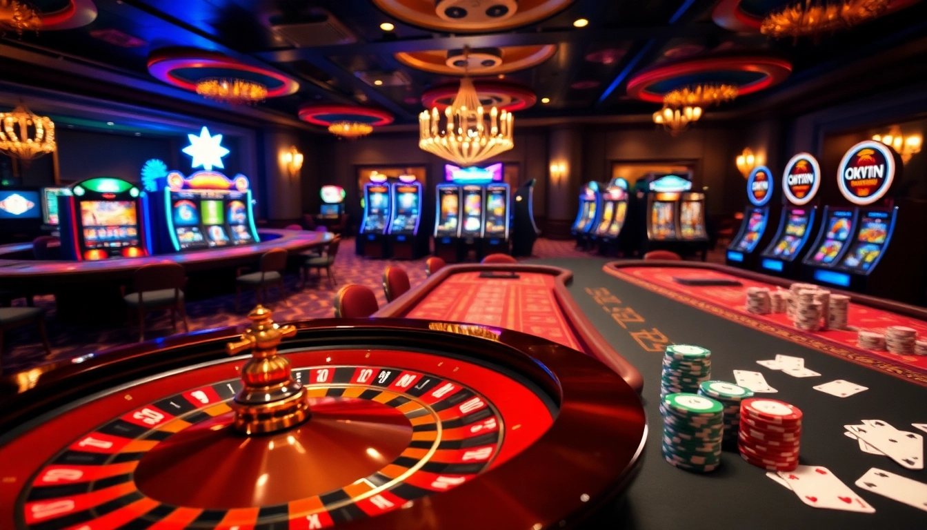 Experience the thrill of okwin liên minh with vibrant casino games, including roulette and poker, in a luxurious setting.