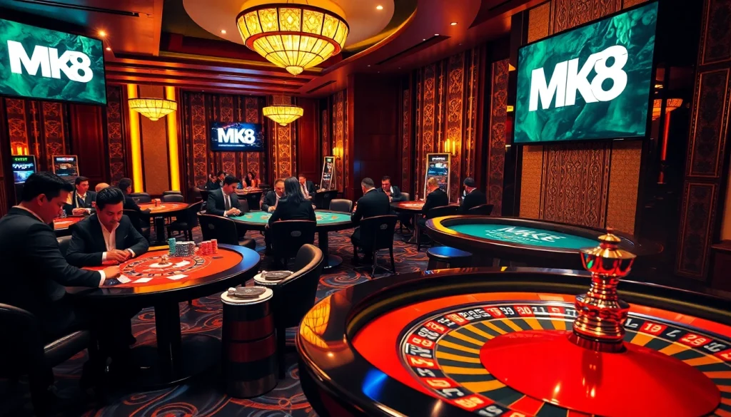 Experience the excitement of MK8 casino gaming with vibrant poker chips and engaging players.