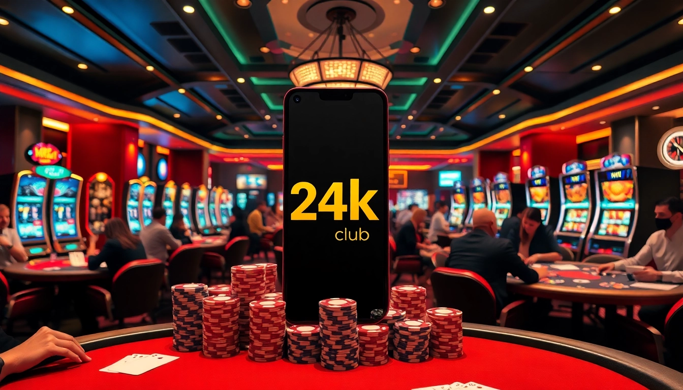 The app 24kclub enhances a vibrant casino experience with players engaging at tables and slots.